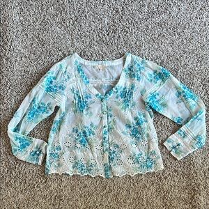 Floral Embroidered Women's Top - Blue and White
